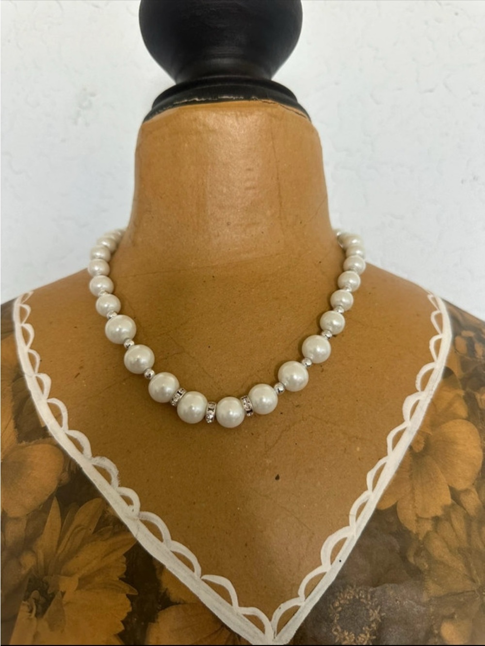 Pearl Beaded Necklace with Rhinestone Spacers in White with earrings